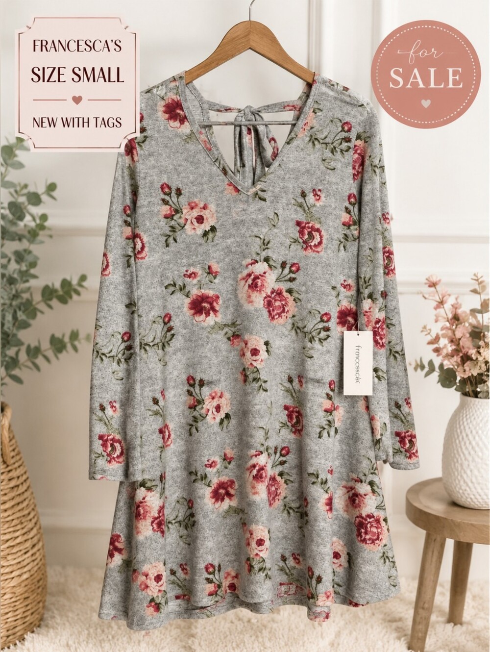 Francesca's Collections Grey Floral Long-Sleeve Tie-Back Swing Dress
